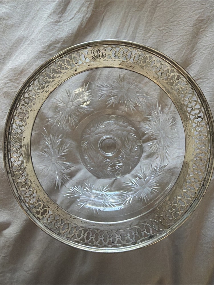 Cut Glass Footed Bowl Openwork Sterling Border 1940 Mono