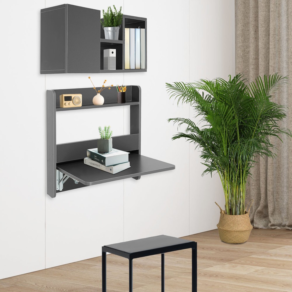 Folding Space Saving Wall Mounted Bookshelf Grey Down Laptop Desk Workstation