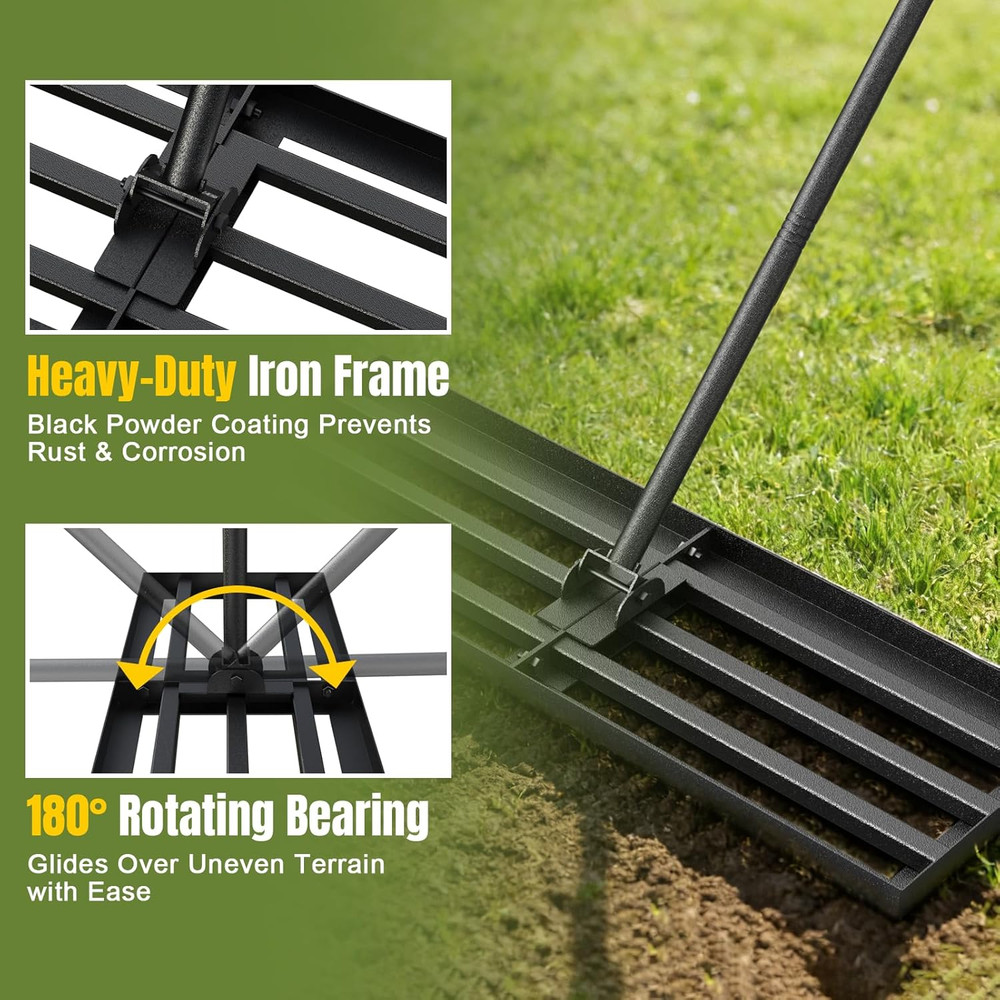 30" Lawn Leveling Rake with Adjustable Handle and Rotating Head, Steel Construct