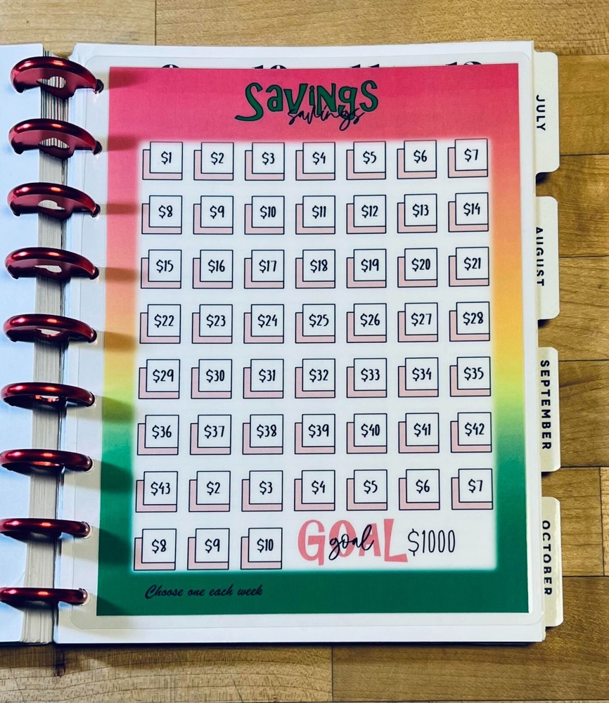 52 Week $1000 Savings Challenge 2 Sided Dashboard Insert 4 use w/ HAPPY Planner~