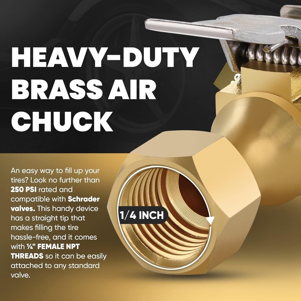Air Chuck, Open Flow Heavy-Duty Locking Tire, with Quick Connect, Solid Brass...