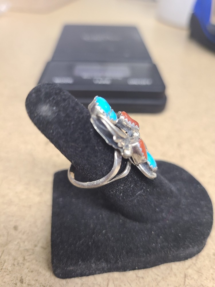 925 Turquoise/Coral Ring Signed Size 4