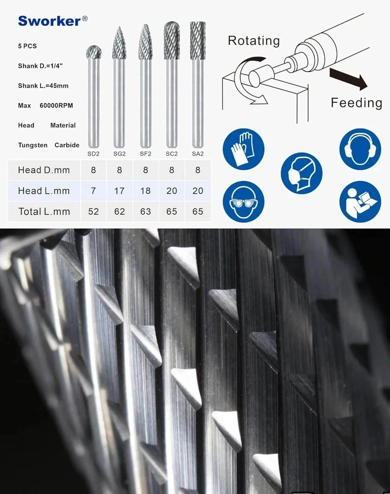 5 Pcs 1/4 Carbide Burr Set 1/4 Shank Die Grinder Bits Drill Bits Grinding Bits