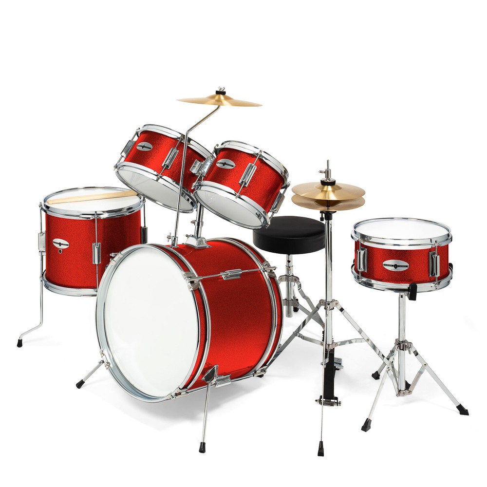 Junior Drum Set with Brass Cymbals - 5-Piece Starter Kit - Red