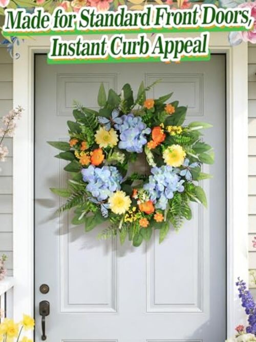 24in Hydrangea Spring Wreaths for Front Door - Summer Hydrangea & Butterfly