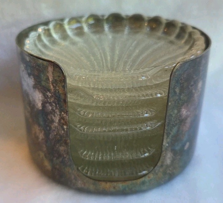 Complete Set WM. Rogers 5 Shell Shaped Glass Coasters Set & Silver Plated Holder