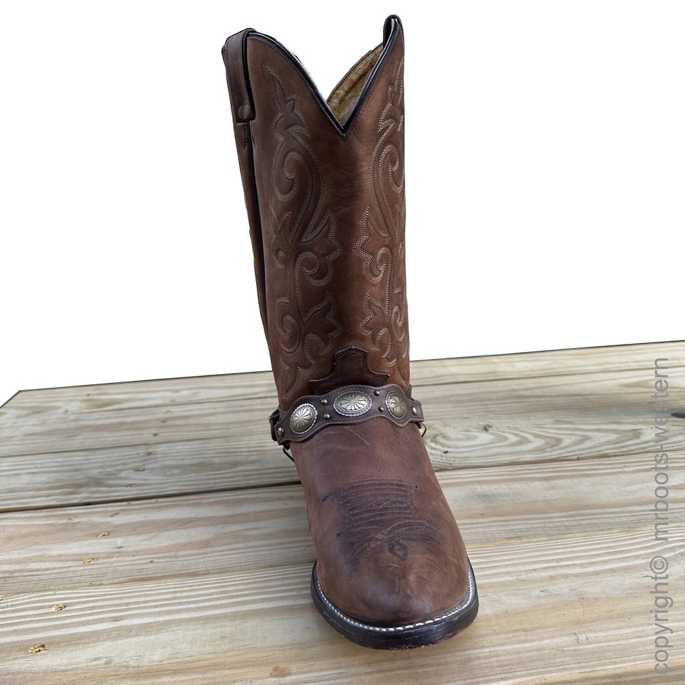 Brown Leather Boot Chains with Antique Brass Plated Embossed Oval Conchos