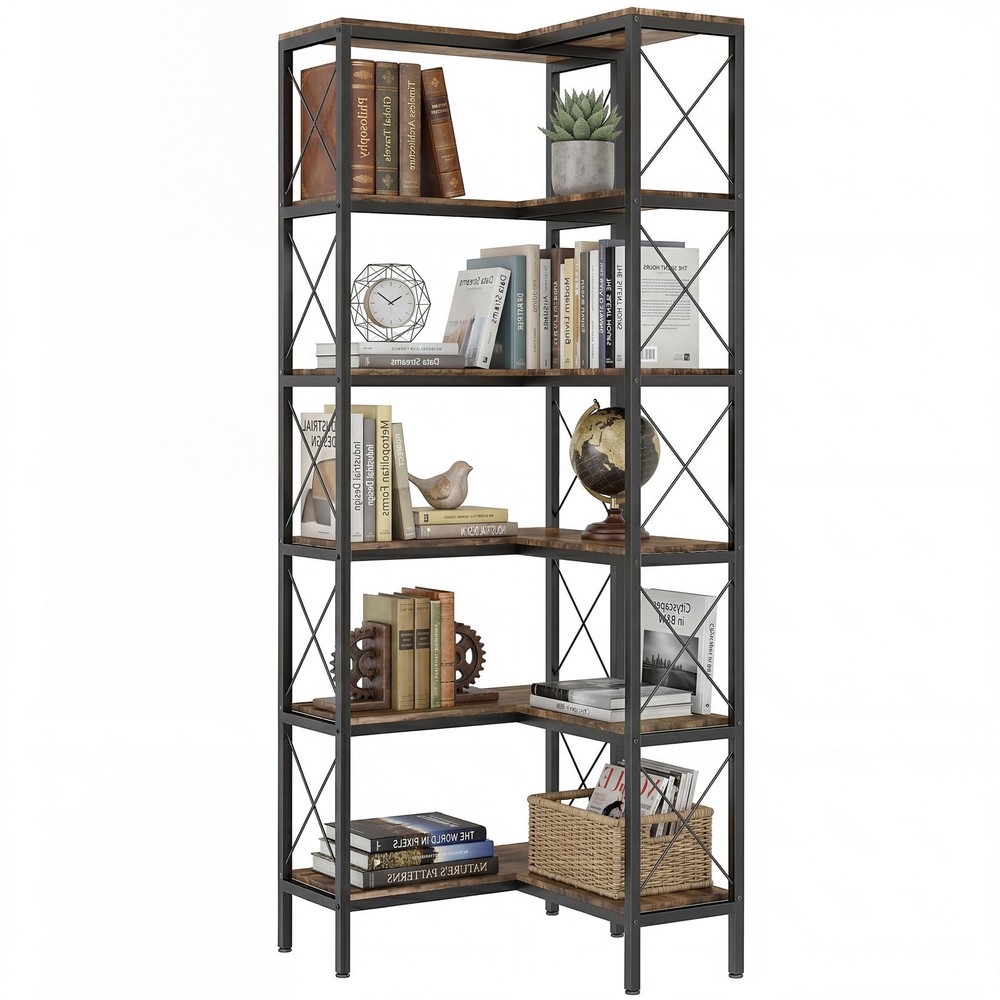 L-Shaped Bookshelf, 5-Tier Corner Bookcase, Rustic Brown