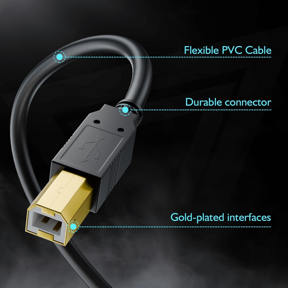 Yashifeison USB Printer Cable 10FT MiDi Cord USB-B 10FT, BLACK