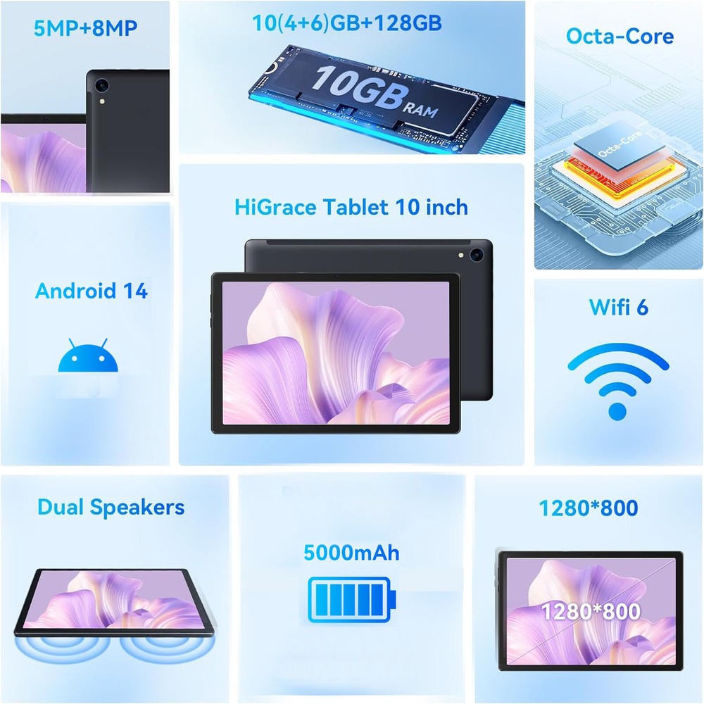 2025 10.1" Android Tablet 10+128GB IPS Touchscreen Octa-core Processor Wi-Fi 6
