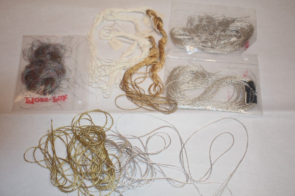Metallic needlepoint Thread lot silver, gold, white multi large lot DMC, Braid