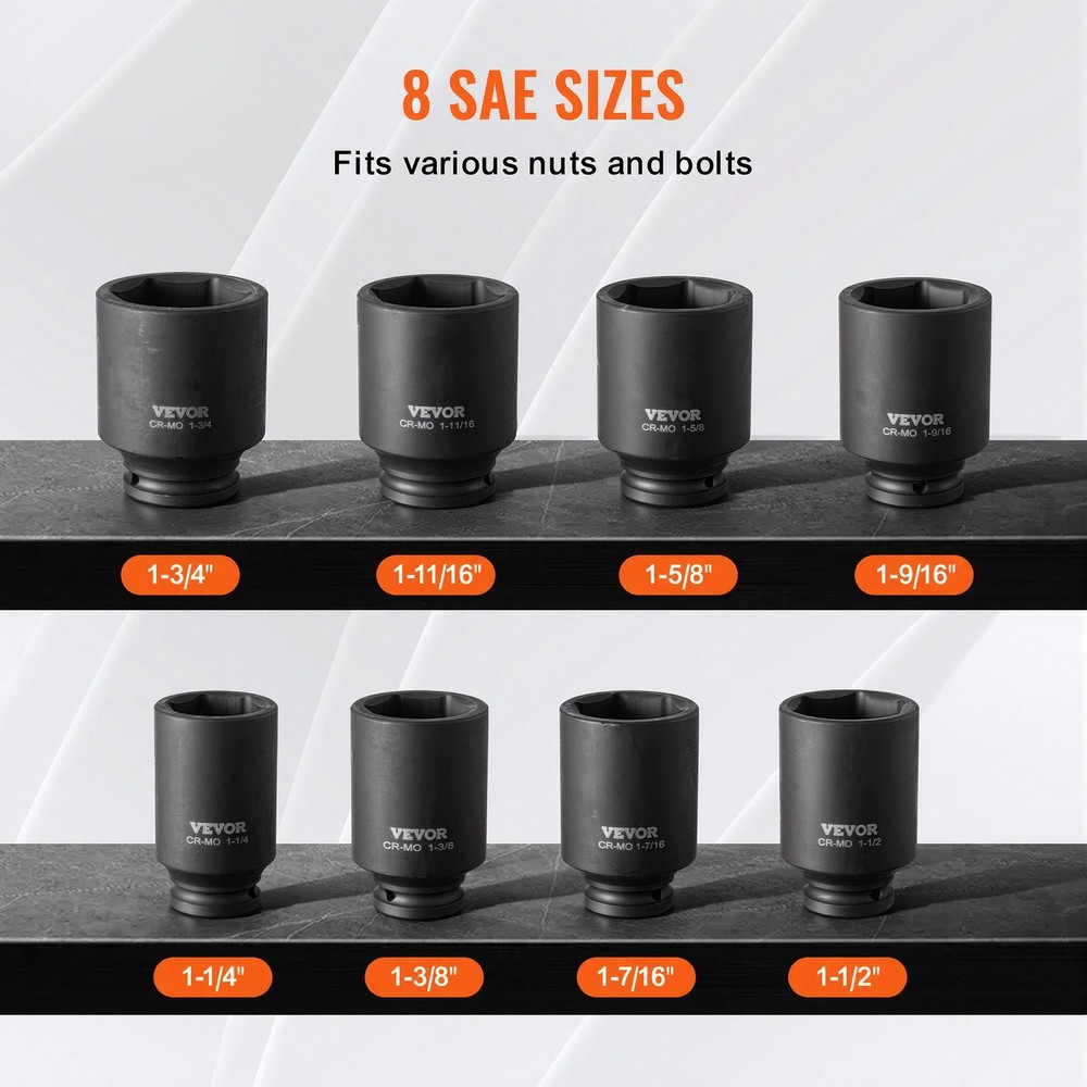 Axle Nut Impact Socket Set 1/2" Drive Deep 6-Point 8-Piece SAE Spindle Nut