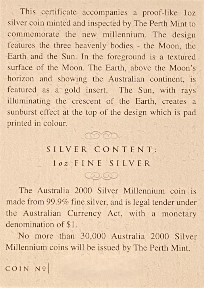 2000 AUSTRALIA $1 Millennium 1 Oz Silver Proof Coin