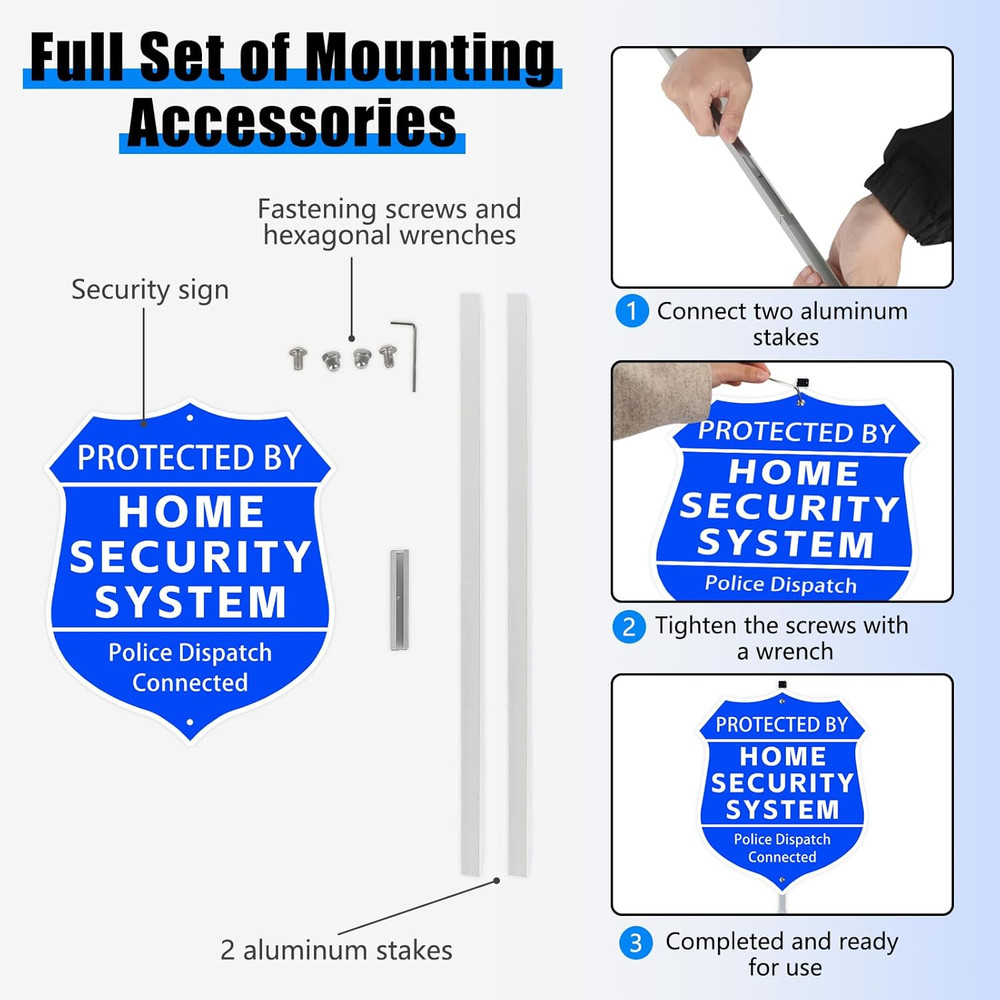 Home Security Yard Sign 9x28 Shield w Stake Protected By Security System Warning