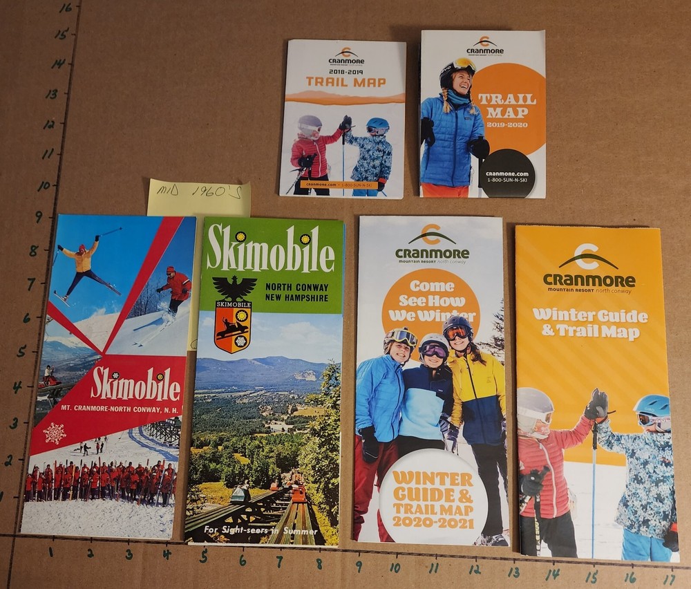1960'S CRANMORE SKIMOBILE TRAIL MAP BROCHURES(2 DIFF.) PLUS 4 CURRENT TRAIL MAPS