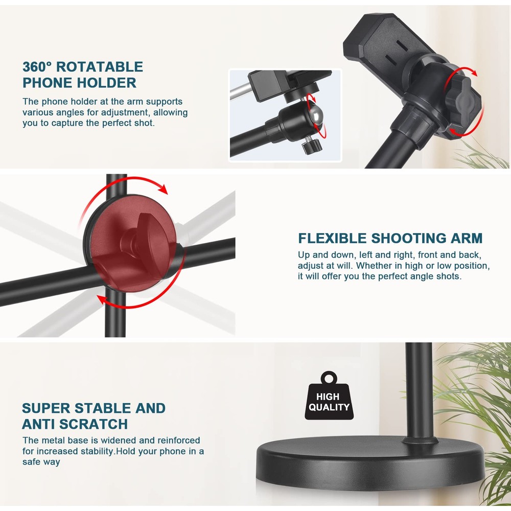 Overhead Phone Stand for Recording - Desktop Adjustable Black