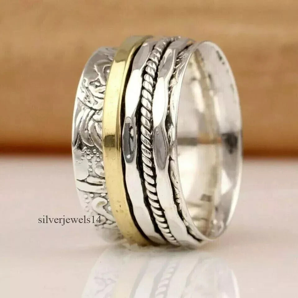 Solid 925 Sterling Silver Meditation Statement Spinner Gift  Ring All Size R290