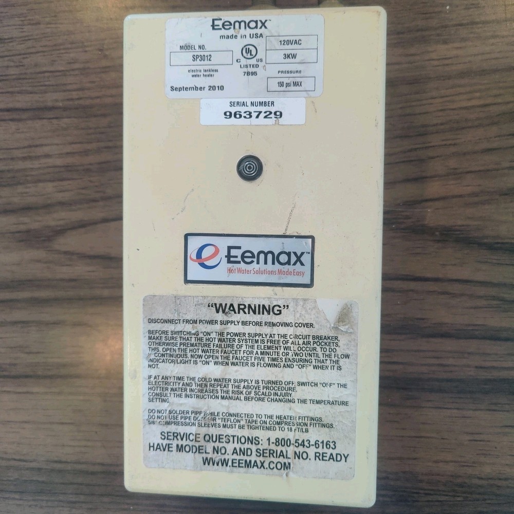 Eemax Electric Tankless Water Heater SP3012 120VAC Sept 2010 Untested Pre-owned
