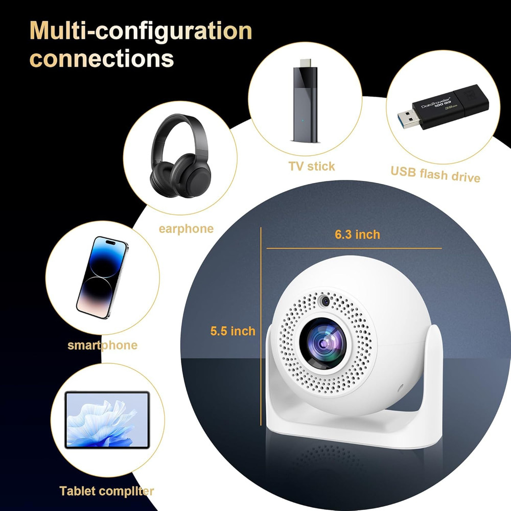 Smart Mini Projector with Wifi & Bluetooth, 4K Support 180° Rotatable Auto Focus