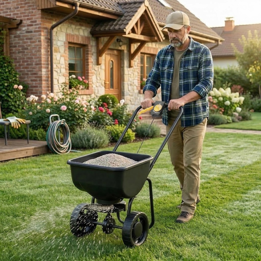Broadcast Spreader,70LBS Capacity, Walk-Behind Push Spreader with Hopper Grate