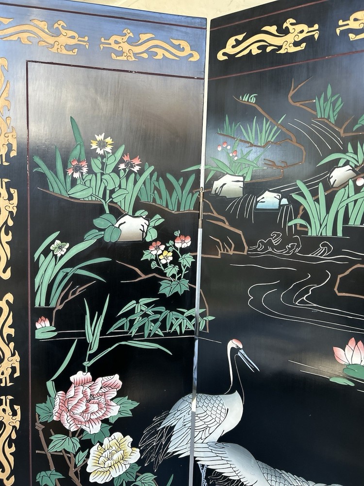 Vintage Asian 4 panel Hand Carved & Painted Screen Divider