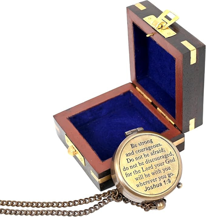 Brass Compass Engraved with Religious Scripture Verse Joshua 1:9, Gift for Son