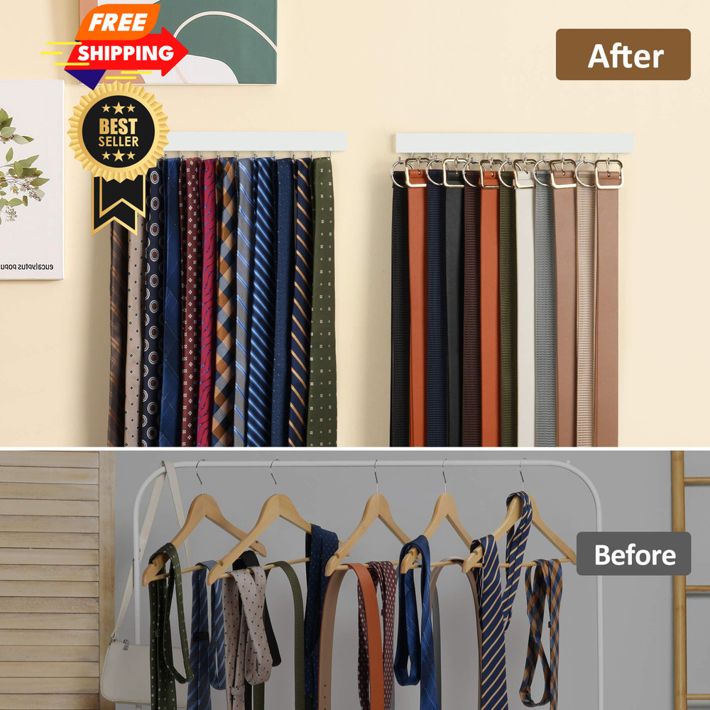 ZEDODIER 2 Pack Wodden Tie Hanger Wall Mounted, Space Saving 2 Pack, White