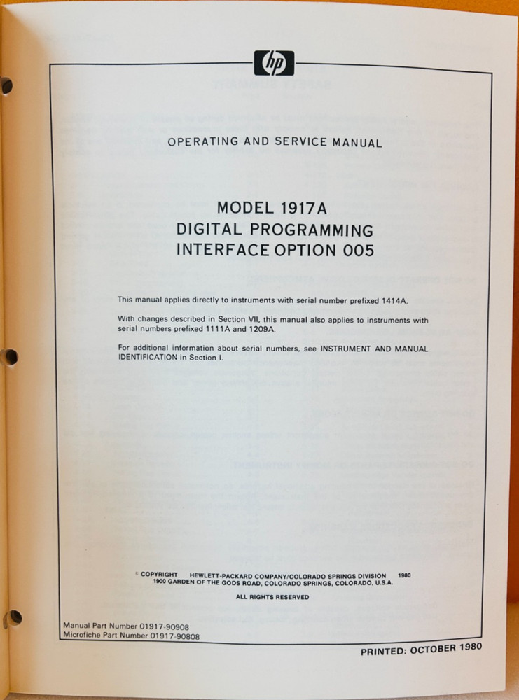 HP 01917-90908 Model 1917A Digital Programming Interface Opt 005 Service Manual.