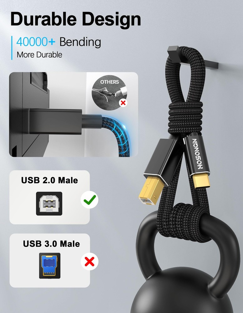 USB B To USB C Printer Cable 6 Ft Type B To C Cord MIDI Controller Nylon