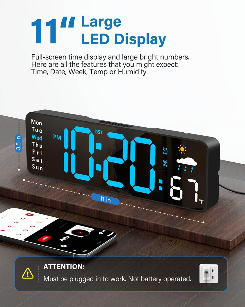 Digital Wall Clock, Digital Clock Large Display with Remote Control, Corded LED