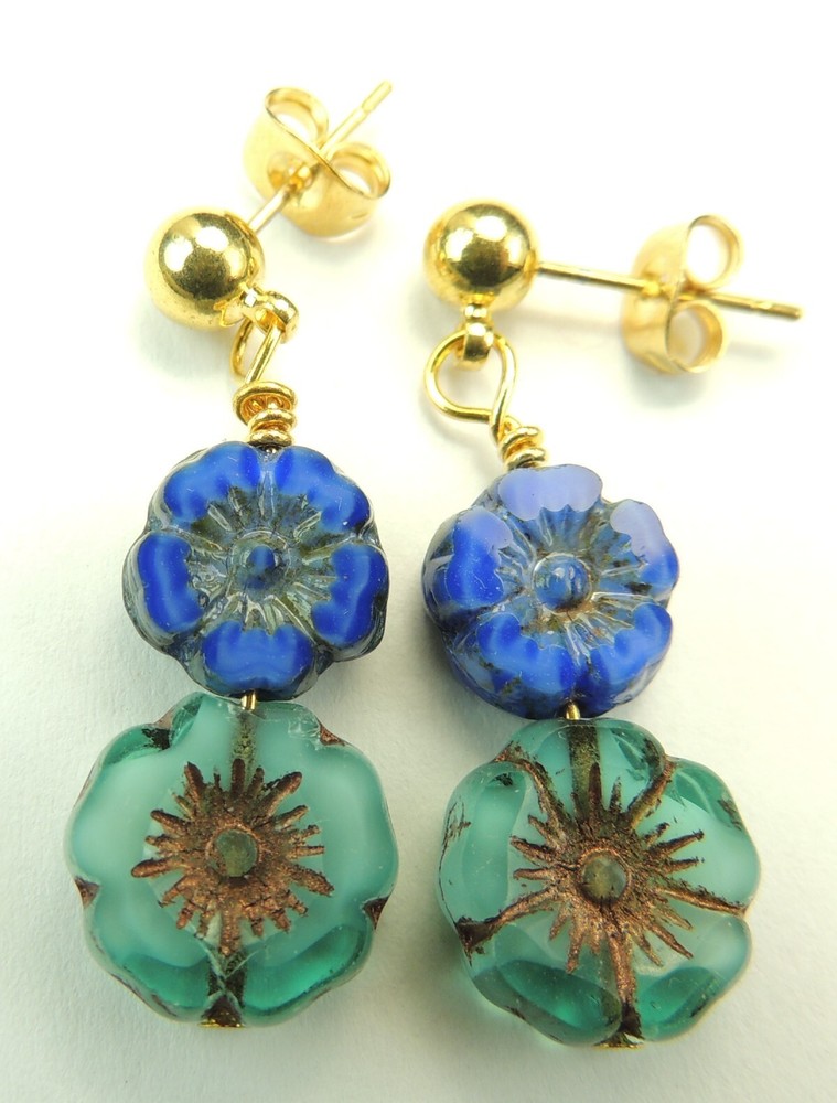 Turquoise & Blue Double Czech  Flowers Dangle Drop Earrings Handmade  Statement
