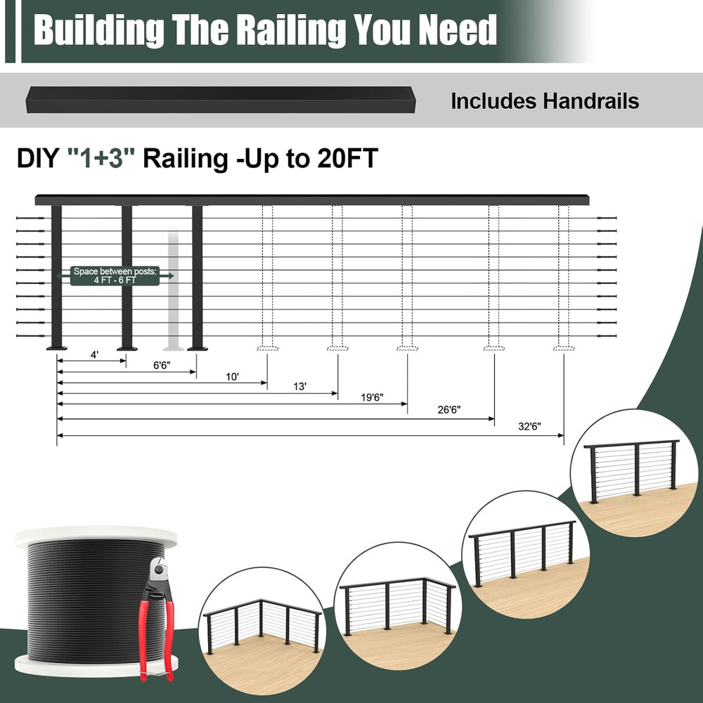 36" Black Stainless Steel Cable Railing Post Kit - Surface Mount System