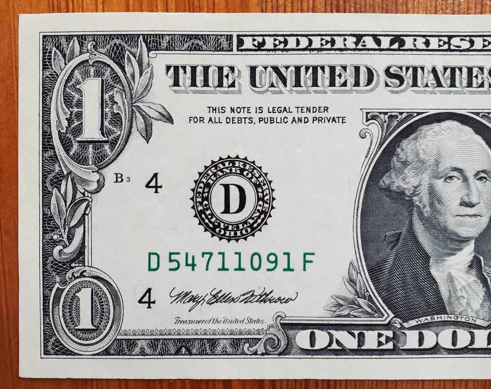 US FEDERAL RESERVE NOTE 1995 $1 OFFSET ERROR NOTE