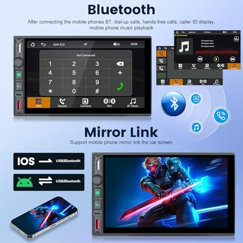 Wireless Double Din Stereo with Carplay and Android Auto - 7 Inch HD Touch
