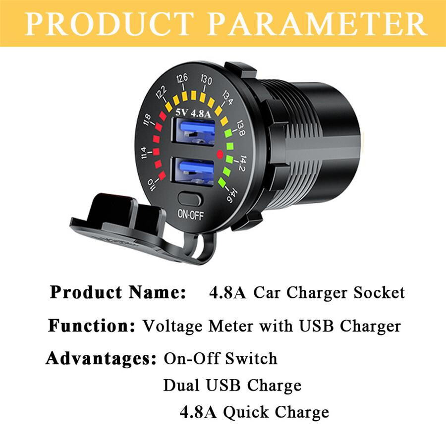 Dual USB Charger Socket Phone Fast Charging With Voltmeter & Switch Waterproof