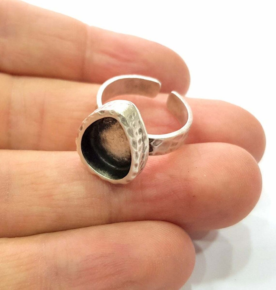 Drop Ring Hammered Blank Base Bezel Setting Antique Silver Brass Adjustable