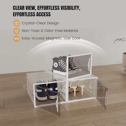 X-Large Stackable Shoe Boxes - Clear Plastic Shoe Storage Boxes 6 Pack White