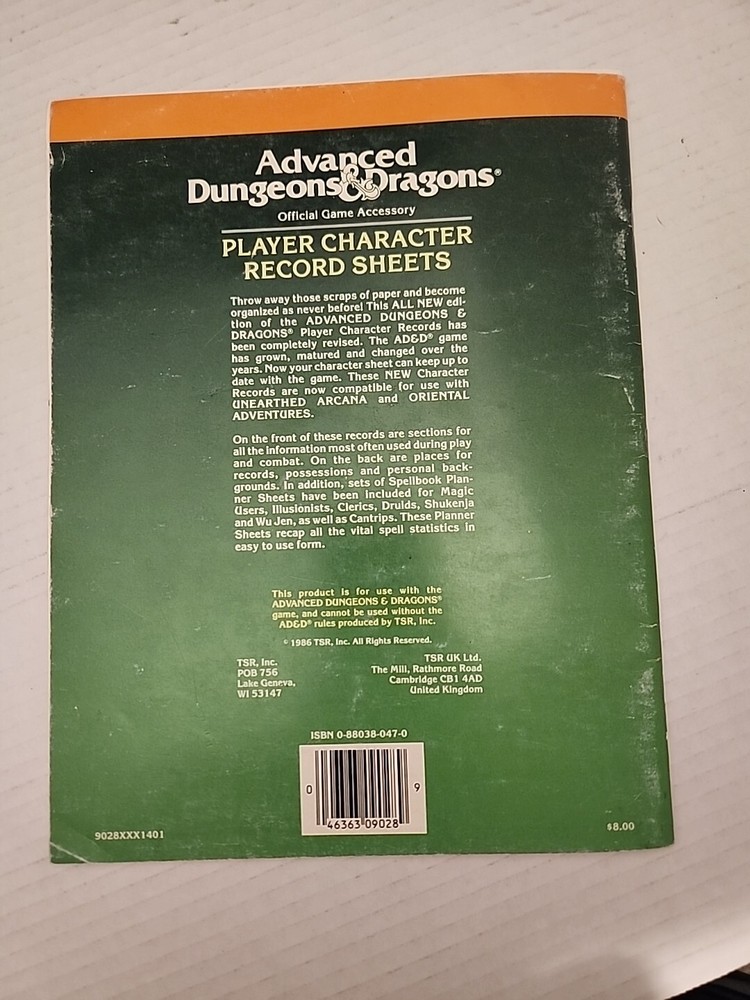 9028 Advanced D&D REF2 Player Character Record Sheets TSR 1986