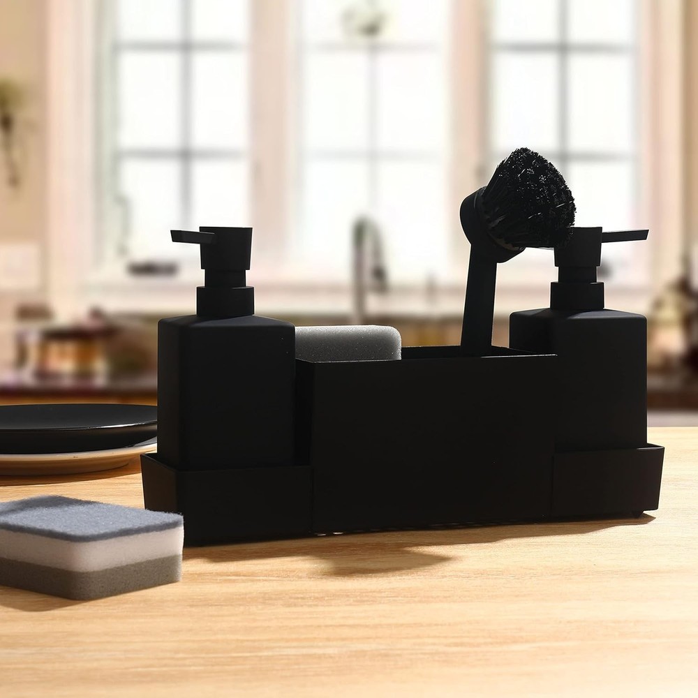 Rust-Proof Kitchen Soap Dispenser with Sponge Holder - Modern Matte Black Look