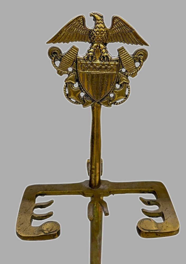 Vintage U.S. Navy Cast Brass Fireplace Tool Set::4 Tools + Stand::Nice