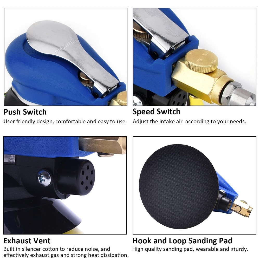 Air Random Obrital Sander 5" Dual Action Palm Sander, Hook and Loop Air Power...