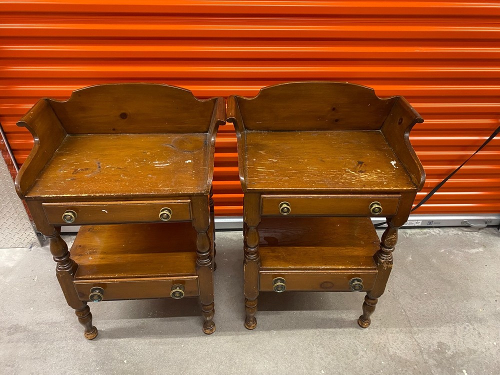 Vintage Solid Wood Nightstands / Side Tables Turned Legs w/Brass Pulls