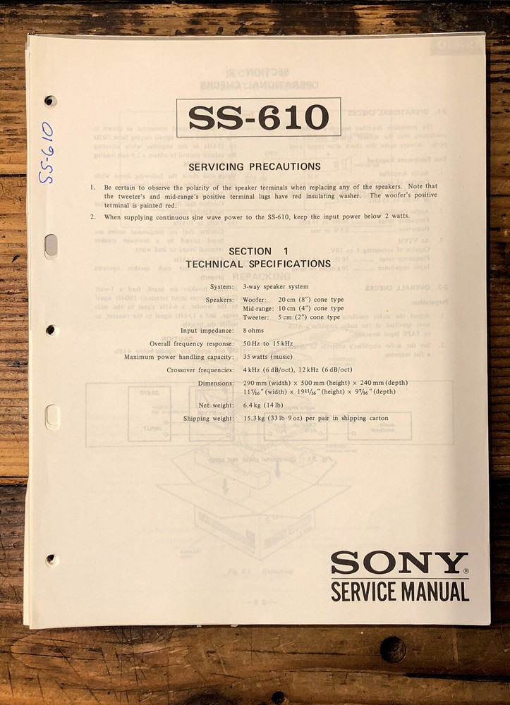 Sony SS-610 Speaker  Service Manual *Original*