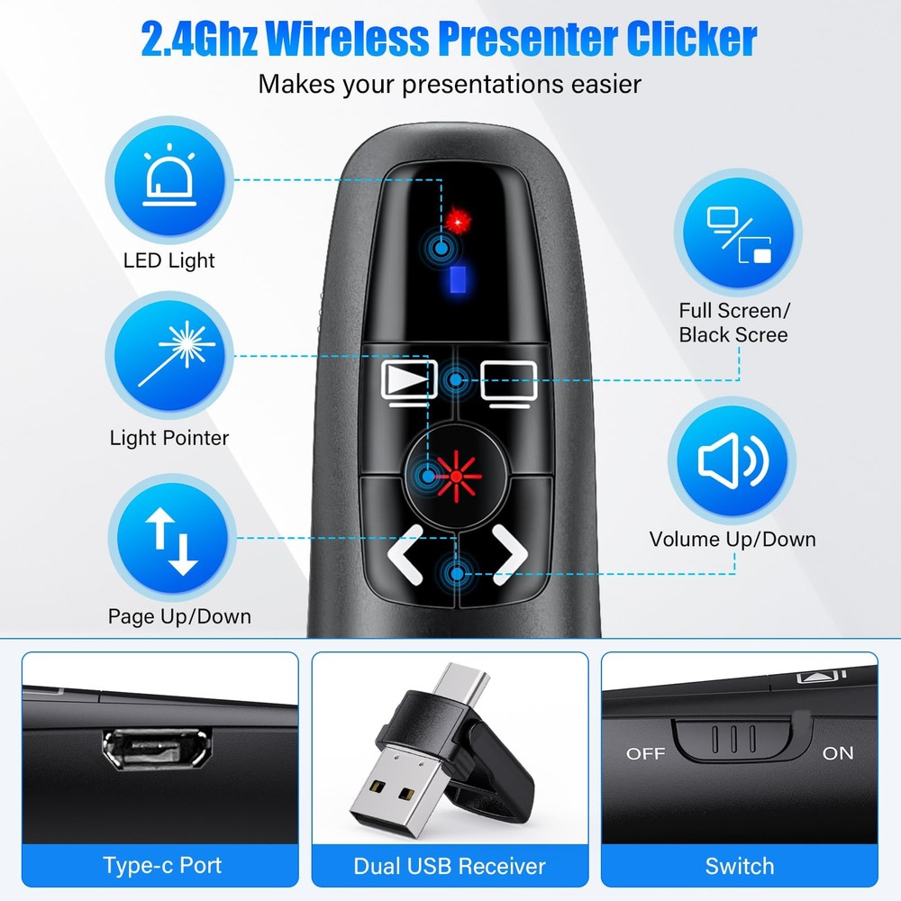 2-in-1 USB Type C Presentation Clicker, Clicker for PowerPoint Presentations,...