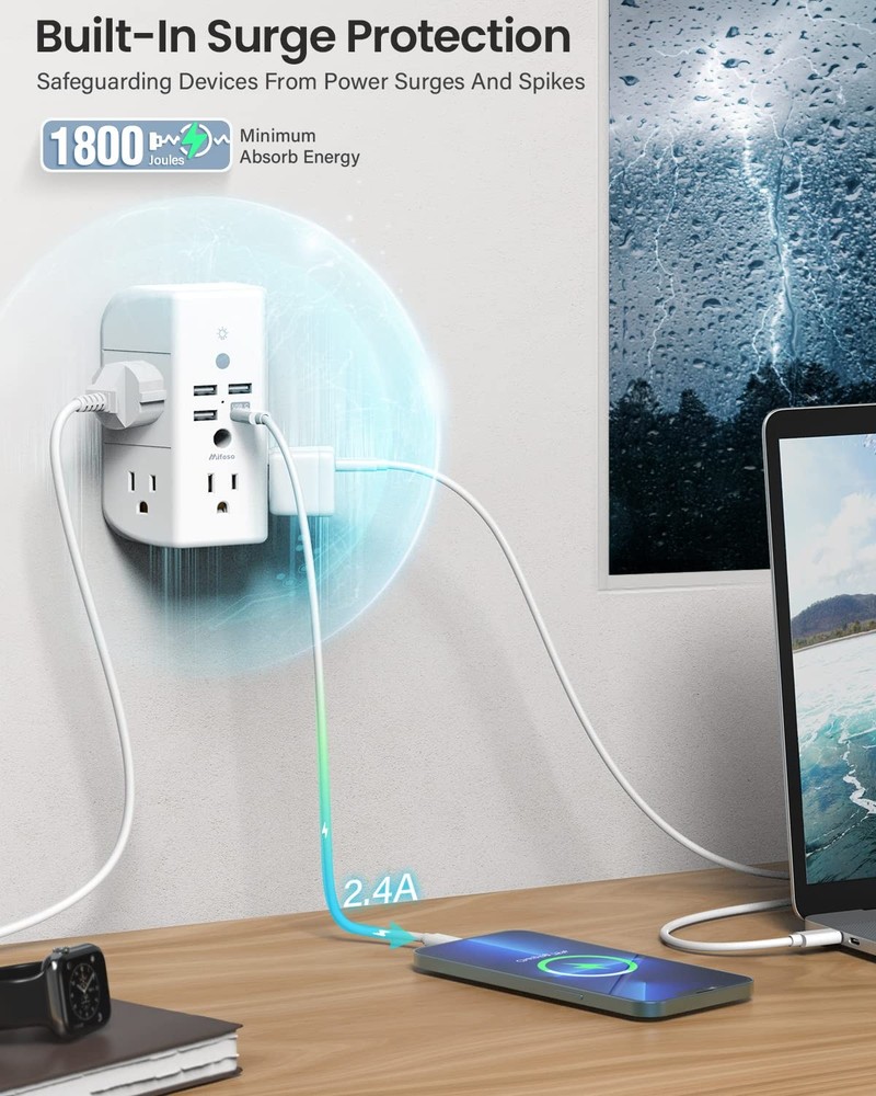 Mifaso 3-Sided Multi Plug Wall Extender Shelf Night Light Surge Protector USB C