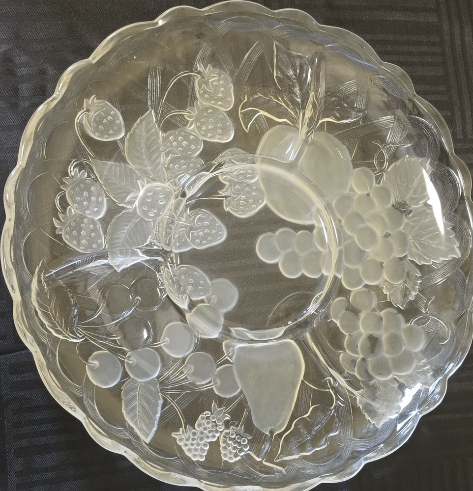 Clear Glass Round Platter with Pressed Fruit Pattern, Decorative Glossy Finish