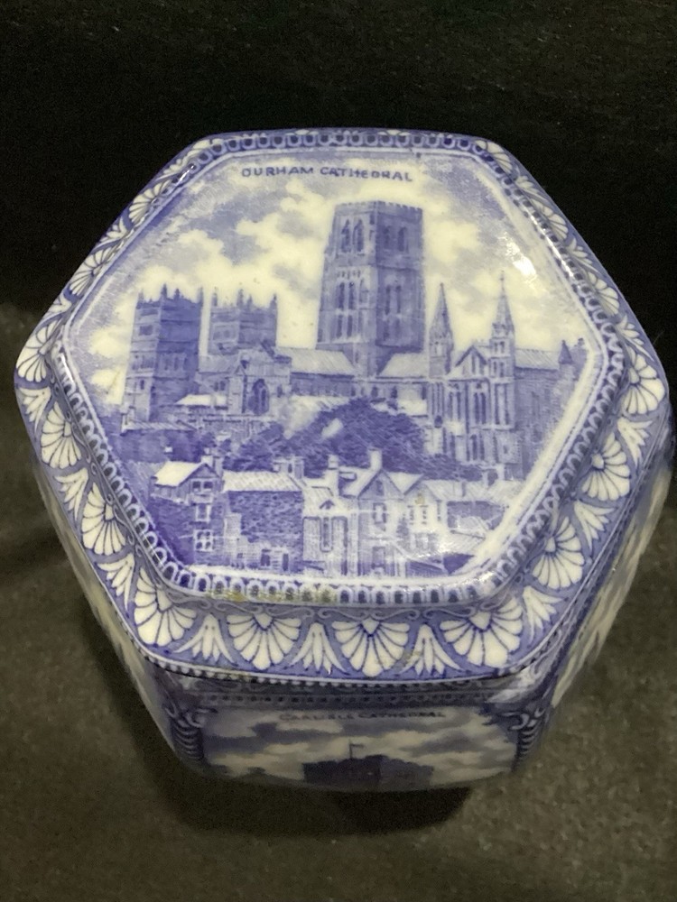 Rington's Maling Ware Tea Caddy England - Cathedrals 1929 Blue Transfer Ware @FS