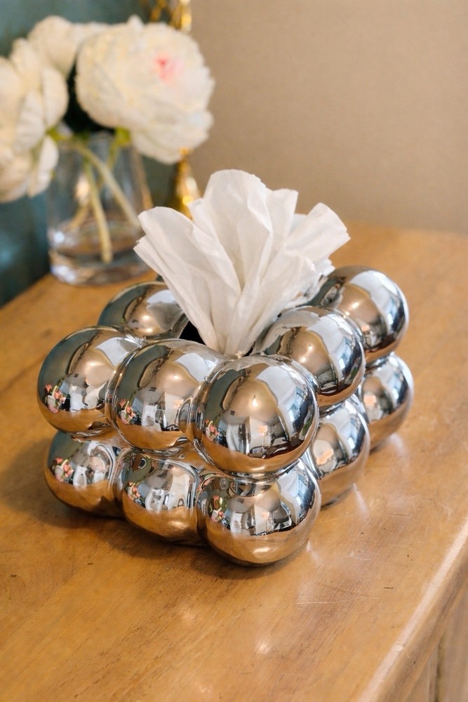 Chrome Bubble Tissue Box Cover Sculptural Silver Modern Decor