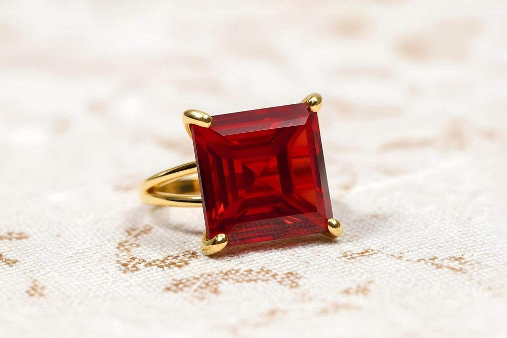 Sterling Silver Ruby Ring Anemone Handmade Square Cut July Birthstone