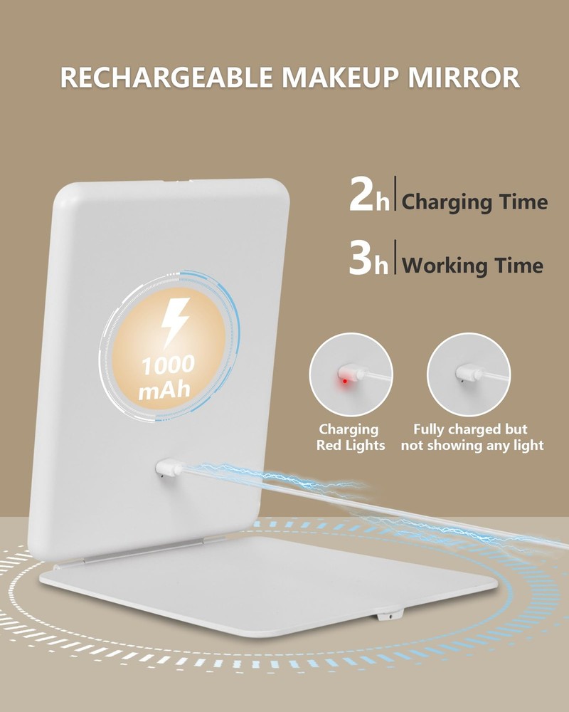 Rechargeable LED Makeup Mirror with Touch Screen, 3 Light Colors, Compact Size